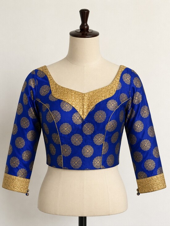 Tops - Ready To Wear Royal Blue Dupion Silk Readymade Saree Blouse with Long Sleeves